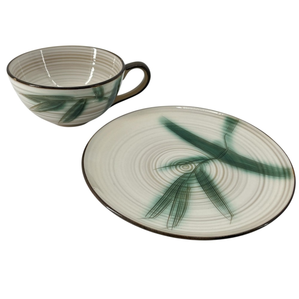 Showa Japan Hand Crafted Stone Ware Bamboo Tea Cup and Saucer Set Green Cream